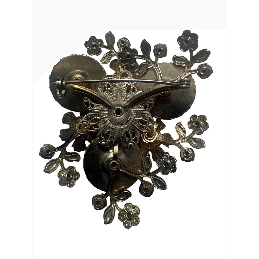 Vintage Aurora Borealis Rhinestone Faux Pearl Carved Flower Floral Brooch Pin - Picture 2 of 7